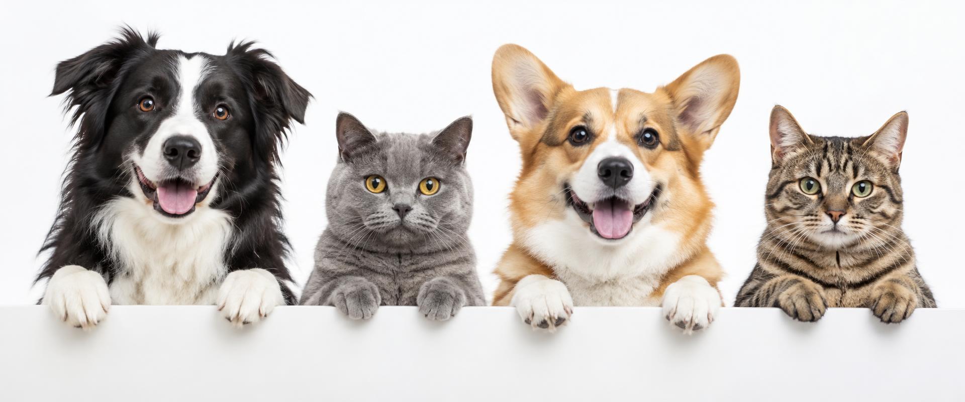 Two dogs and two cats peeking over a ledge
